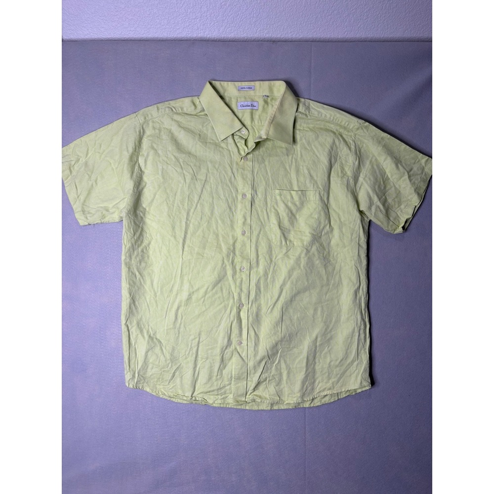 Christian Dior Mens 4X Short Sleeve Button Down Shirt Lime Green Cotton